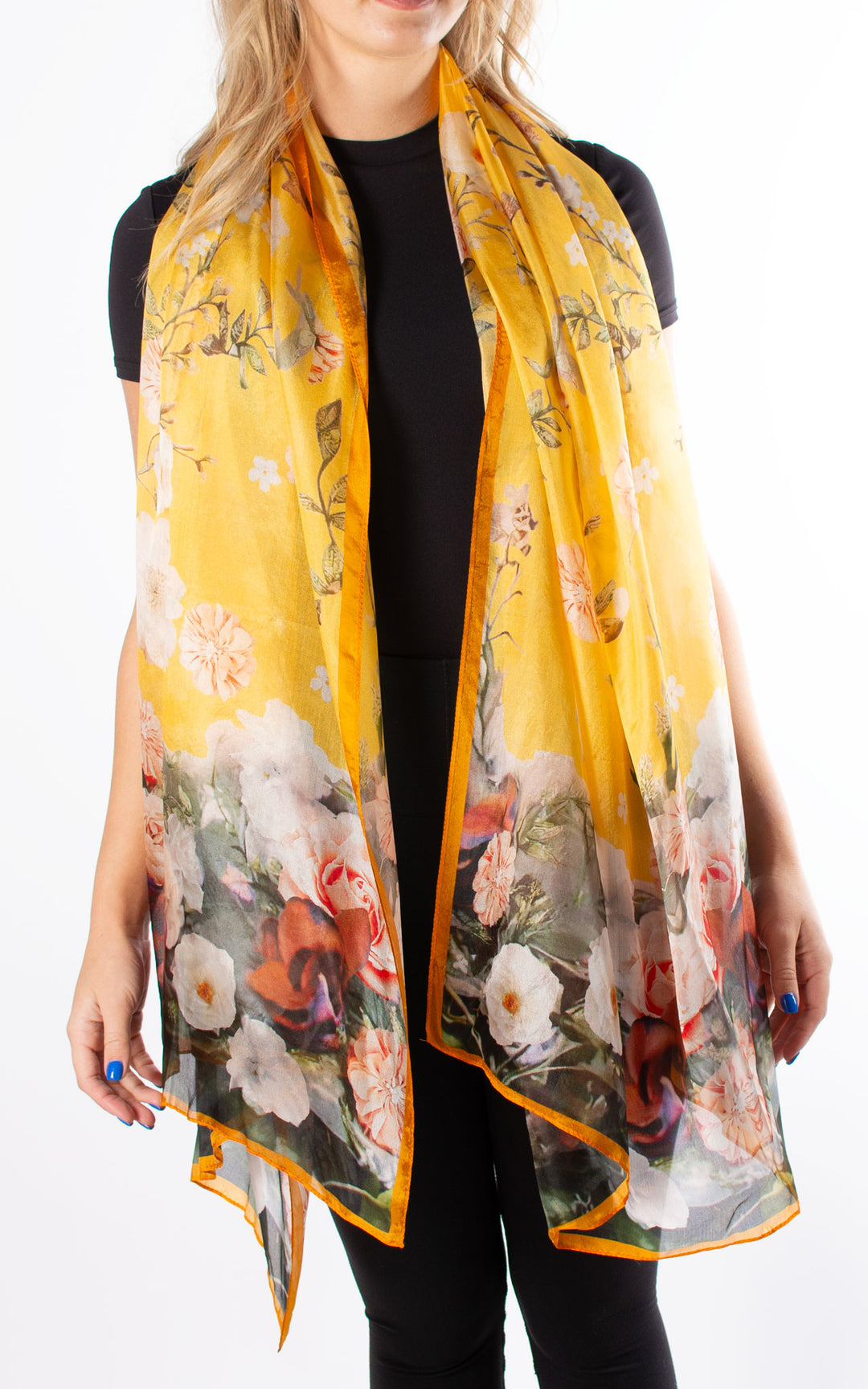 Floral Printed Silk Chiffon Scarf - Silk Scarf with Yellow Floral Print selling - Floral Silk Scarf - AS2015-53