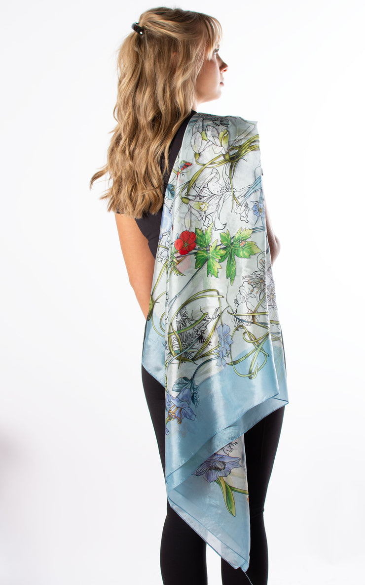 Aqua Border Floral Silk Scarf