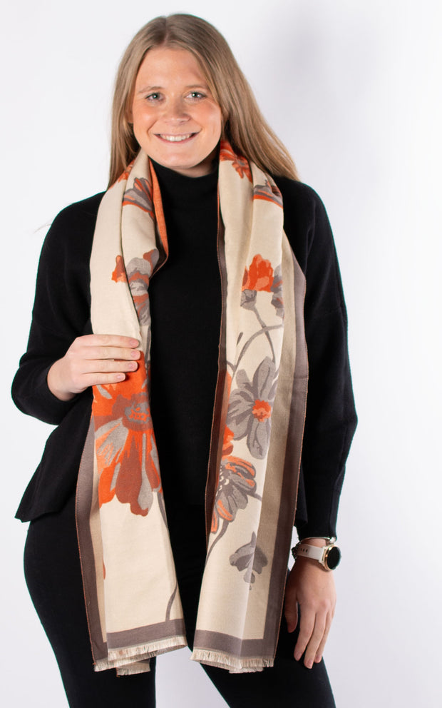 Autumn Winter Scarf | Flowers | Beige & Orange