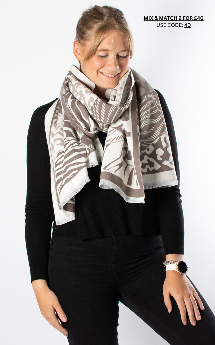 Autumn Winter Scarf | Mixed Animal Patterns | Grey