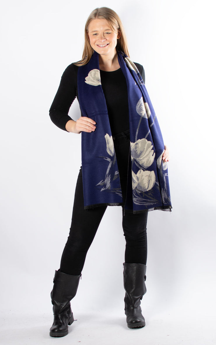 Autumn Winter Scarf | Tulips | Navy & Beige