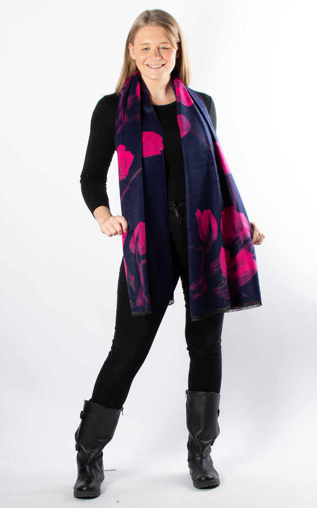 Autumn Winter Scarf | Tulips | Navy & Hot Pink