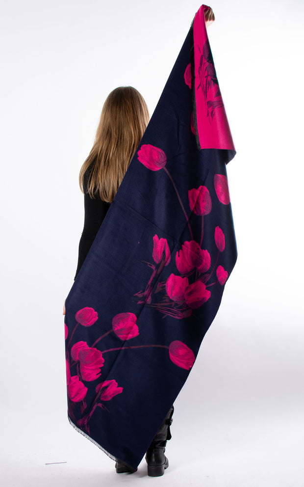 Autumn Winter Scarf | Tulips | Navy & Hot Pink