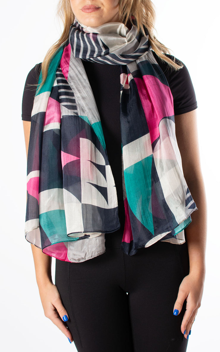 Hot Pink & Navy Geometric Silk Scarf