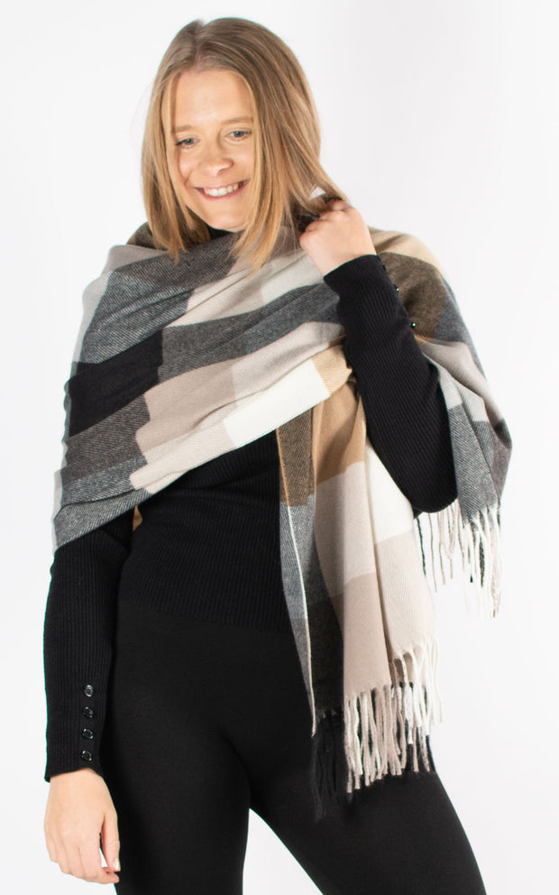 Winter Blanket Scarf | Squares | Black, Taupe & Cream