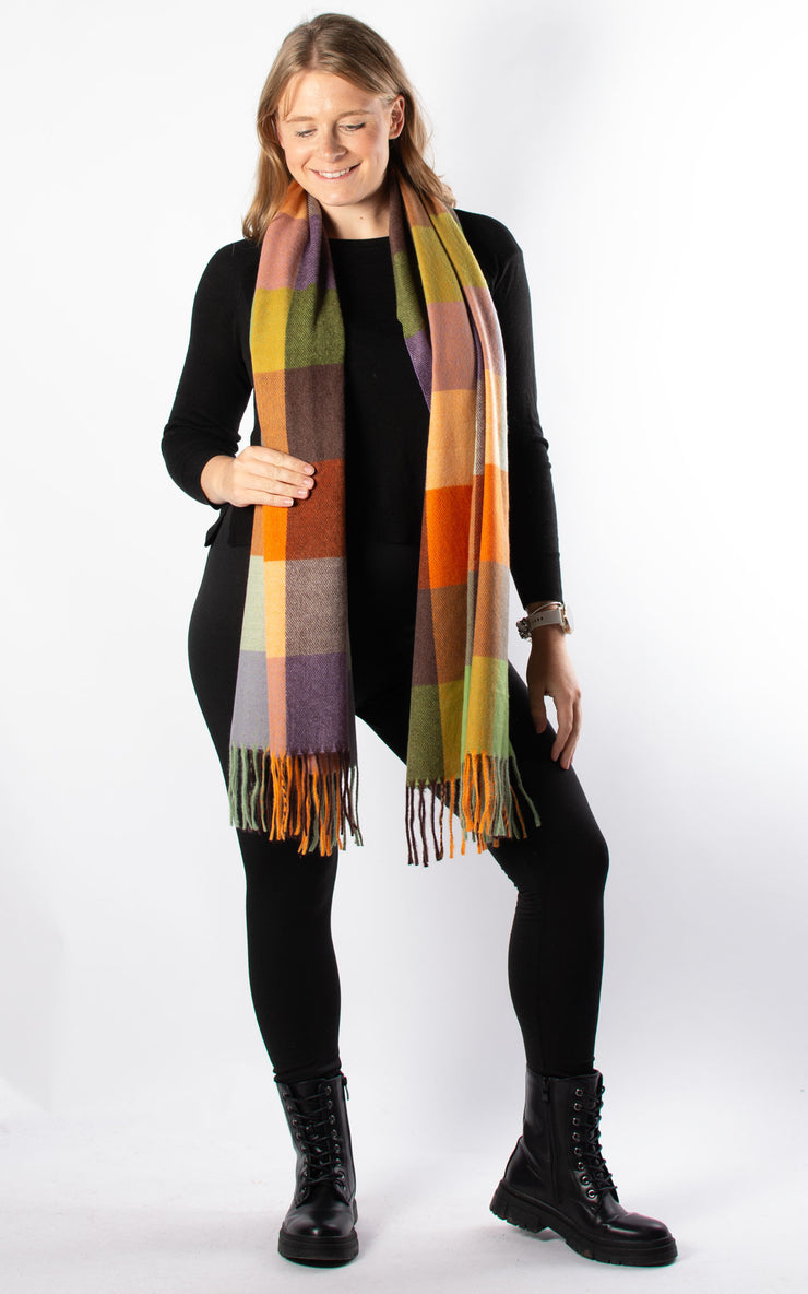 Winter Blanket Scarf | Squares | Chocolate, Orange & Green