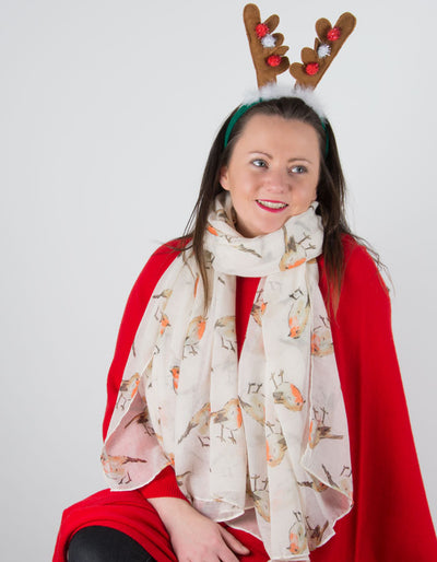 an image showing a Cream Robin Christmas Scarf