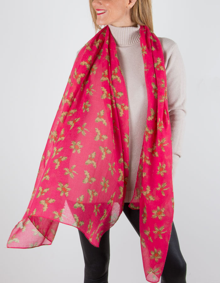 Fuchsia Pink Holly Christmas Novelty Christmas Scarf