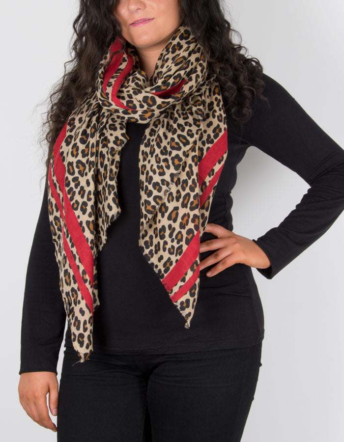 Image Showing a Animal Print Scarf with a Red Border