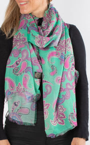 Paisley Print Silk Mix Scarf | Green & Pink