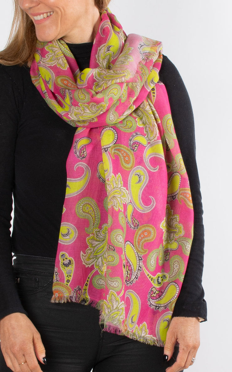 Paisley Print Silk Mix Scarf | Hot Pink & Green