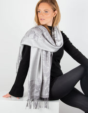 Image showing a Silver And Grey Leaf Print Border Pashmina