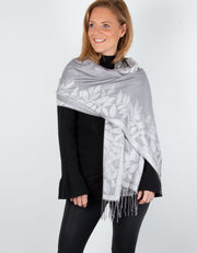 Image showing a Silver And Grey Leaf Print Border Pashmina