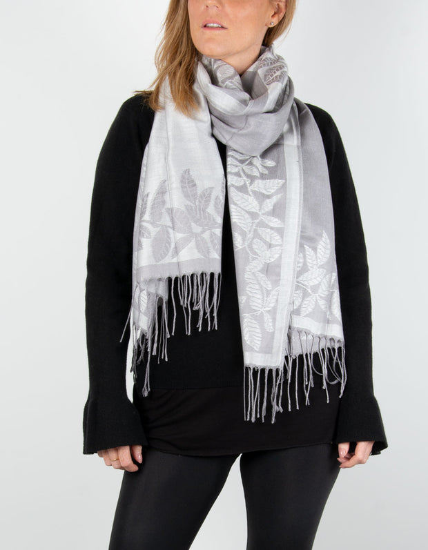 Image showing a Silver And Grey Leaf Print Border Pashmina