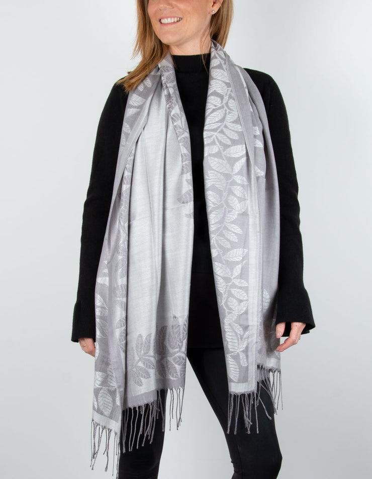 Image showing a Silver And Grey Leaf Print Border Pashmina